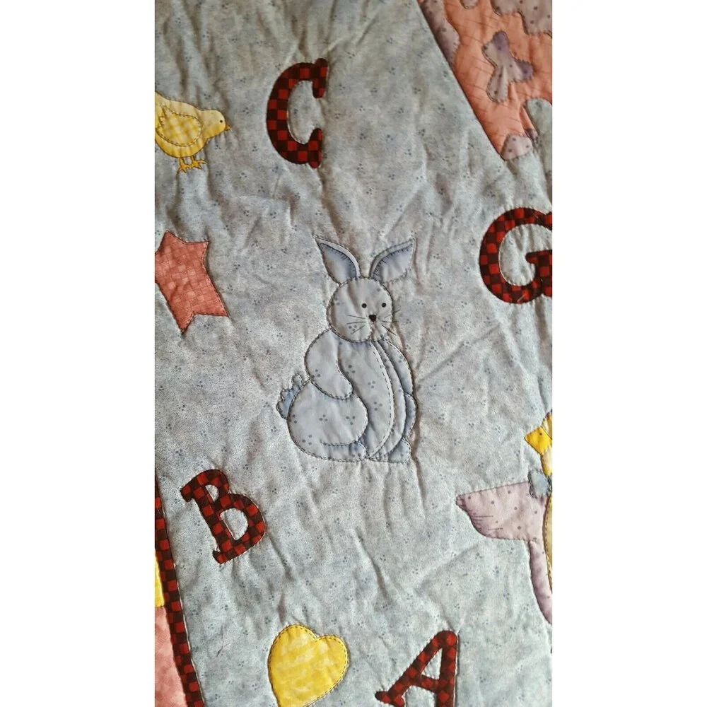 Baby Quilt Throw Crib Alphabet Zoo Animals Blue Pink Bear Lion Rabbit Stitched 3
